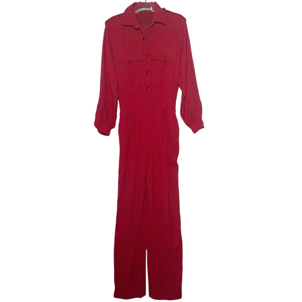 Escada Vintage Jumpsuit Size XS 36 Dark Red Wool Blend Epaulets Snaps Pockets